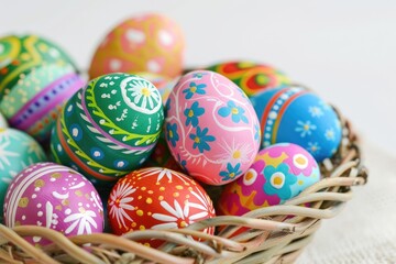 Colorful Hand-Painted Easter Eggs in a Wicker Basket