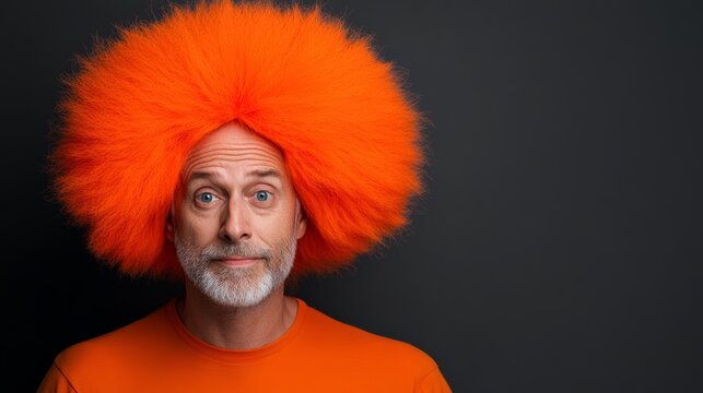 Man with a large orange wig on his head. He is smiling and looking at the camera