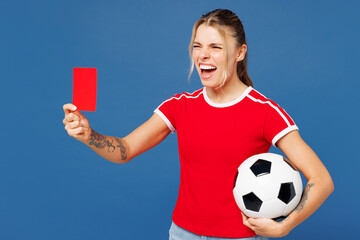 Young referee sad woman fan wear basic t-shirt cheer up support football sport team hold soccer...