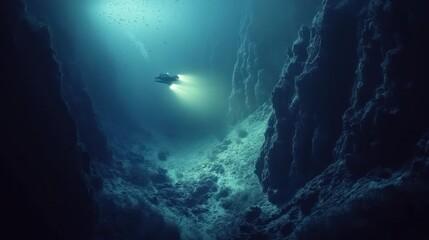 Obraz premium A deep sea exploration scene, with a lone submersible drifting near an underwater mountain range