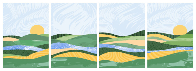 Trendy minimal watercolor illustration of green countryside landscape with rolling hill, river, agricultural field. Abstract vector collage design. Blue sky, meadow, mountain. Vintage outdoor poster