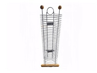 The white background in the picture is a CD tray that is a silver aluminum frame with steps and slots.It has a wooden base and a pattern of aluminum bending and has two wooden buttons on the top.