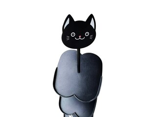 The white background in the picture is a black children's shoe rack with three black shelves with white cat paw prints and a cat head with a white mouth, eyes and whiskers.