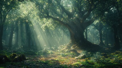 mystical forest bathed in soft sunlight, with towering ancient trees and thick green foliage