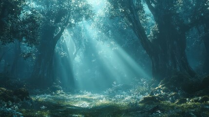 mystical forest bathed in soft sunlight, with towering ancient trees and thick green foliage