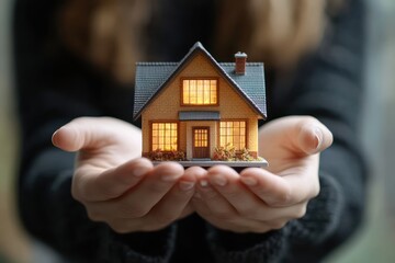 Real estate investment, home ownership, female realtor holding miniature house, mortgage options, property sale, real estate agency, modern cottage, buyer consultation, housing market
