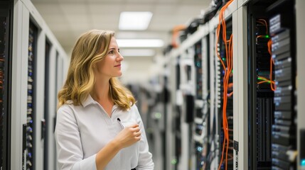 Professional woman inspecting server racks in data center during work hours