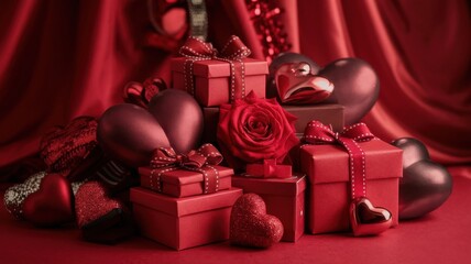 Luxurious romantic red composition with gift boxes and flowers