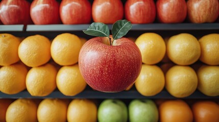 Display of vibrant fruits with a red apple prominently featured in front of a colorful array of oranges and other fruits