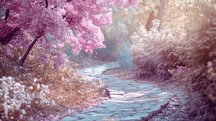 romantic pink cherry blossoms and stone path through a spring garden