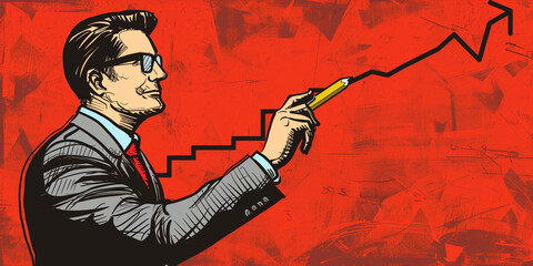 Illustration of a person in a suit drawing an upward trending graph line on a red background.