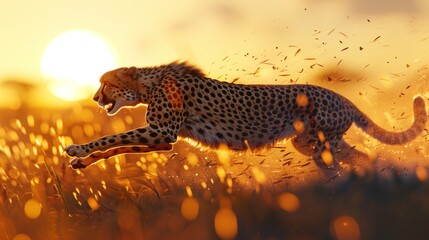 A cheetah sprinting through tall grass at sunset, capturing the essence of speed and agility.