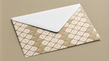 Envelope mockup displaying a geometric pattern design with triangles and lines. Ideal for showcasing branding and stationery projects. Featuring a modern and elegant aesthetic on a neutral background
