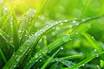 Naklejka premium Morning dew on green grass pure beauty of nature.