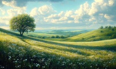 Fototapeta premium Serene Landscape of Rolling Green Hills Under Bright Blue Sky with Fluffy Clouds and Solitary Tree
