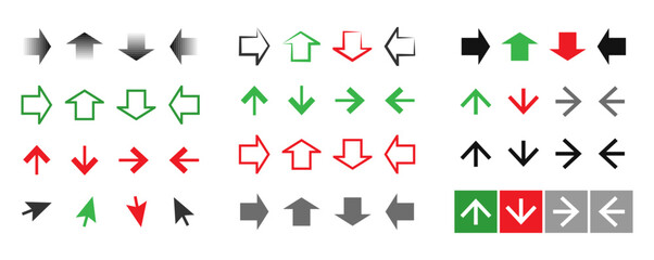 Arrow icon set isolated on transparent background. Various packaging symbols. Motion pointers. Flat style logos. Information pointers. Wayfinding directions. Modern simple vector arrows