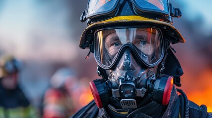 Firefighter Fully Equipped with Smart Mask Faces Intense Blaze with Determined Gaze and Resolve