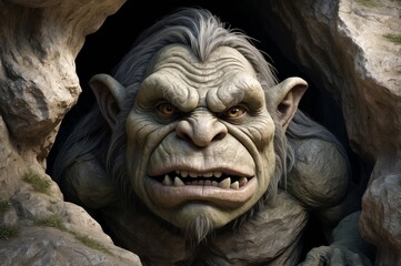 Angry ogre peering from cave.