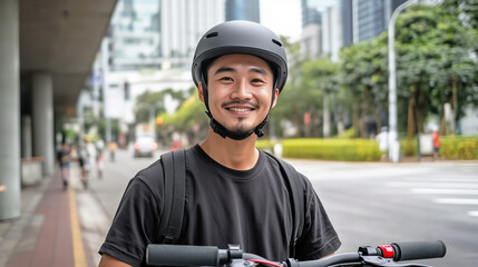 Young asian male adult biking in urban cityscape