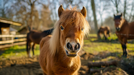 Fototapeta premium Little Horse Smiling: A small horse at a Latvian zoo, showing its teeth and smiling, creating a humorous and charming animal face.