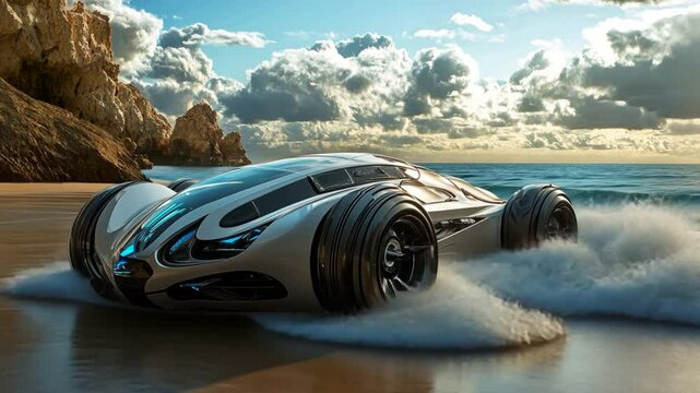 A futuristic amphibious vehicle capable of operating on both water and land, shown driving across a shoreline while transitioning seamlessly between environments.
