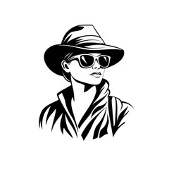 Black icon of Tour Guide icon, woman in hat png Minimalist flat icon, vector logo style sign clipart on a transparent background