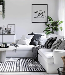 A chic, modern living room with a white sectional sofa, monochrome pillows, abstract art