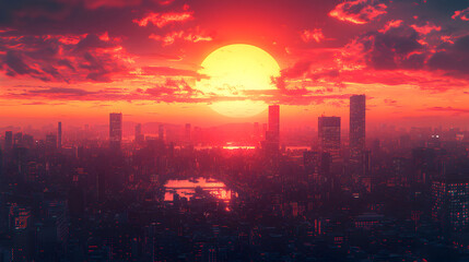 Crimson Sunset Over a Futuristic Cityscape
