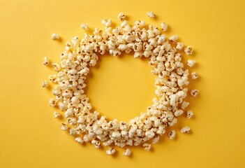 Obraz premium Aerial view of a burst of fluffy, golden popcorn scattered across yellow background