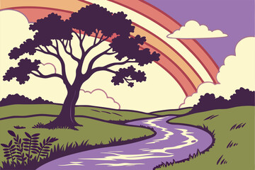 Illustrator Artwork of landscape and paysage nature and mountain and sky, clouds, lakes with nice view rainbow 