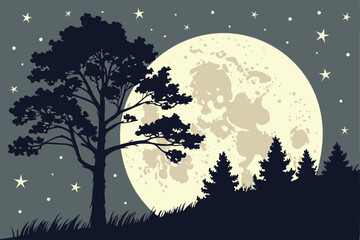 Illustrator Artwork of landscape and paysage nature and mountain and sky, clouds, lakes with nice view big moon