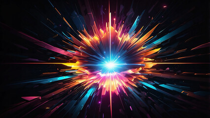An abstract, futuristic energy burst on a dark background, characterized by sharp, prismatic beams shooting from a central luminous point, is a stunning display of vivid color and light.