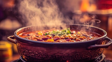 A steaming pot of chili on the stove, with spices and beans visible, inviting viewers to imagine the rich flavors and warmth of a homemade meal