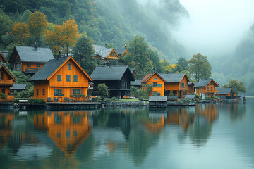 Fototapeta premium Misty Mountain Village Houses Reflecting In Calm Water