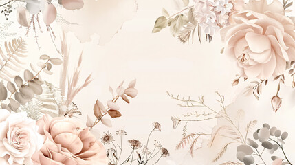 Luxurious Beige Watercolor Frame: Trendy vector design banner frame in beige, featuring ivory roses, blush pink hydrangeas, camellias, peonies, pampas grass, ferns, and eucalyptus.