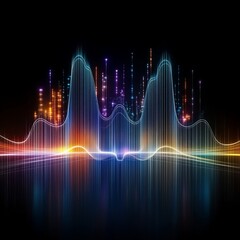 Fototapeta premium Abstract colorful digital waveform with city skyline reflection.