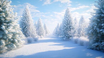 Naklejka premium Tranquil Winter Wonderland - Snow-Covered Path among Fir Trees under Blue Sky with Soft Shadows