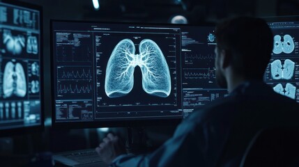 Medical professional analyzing lung X-ray images