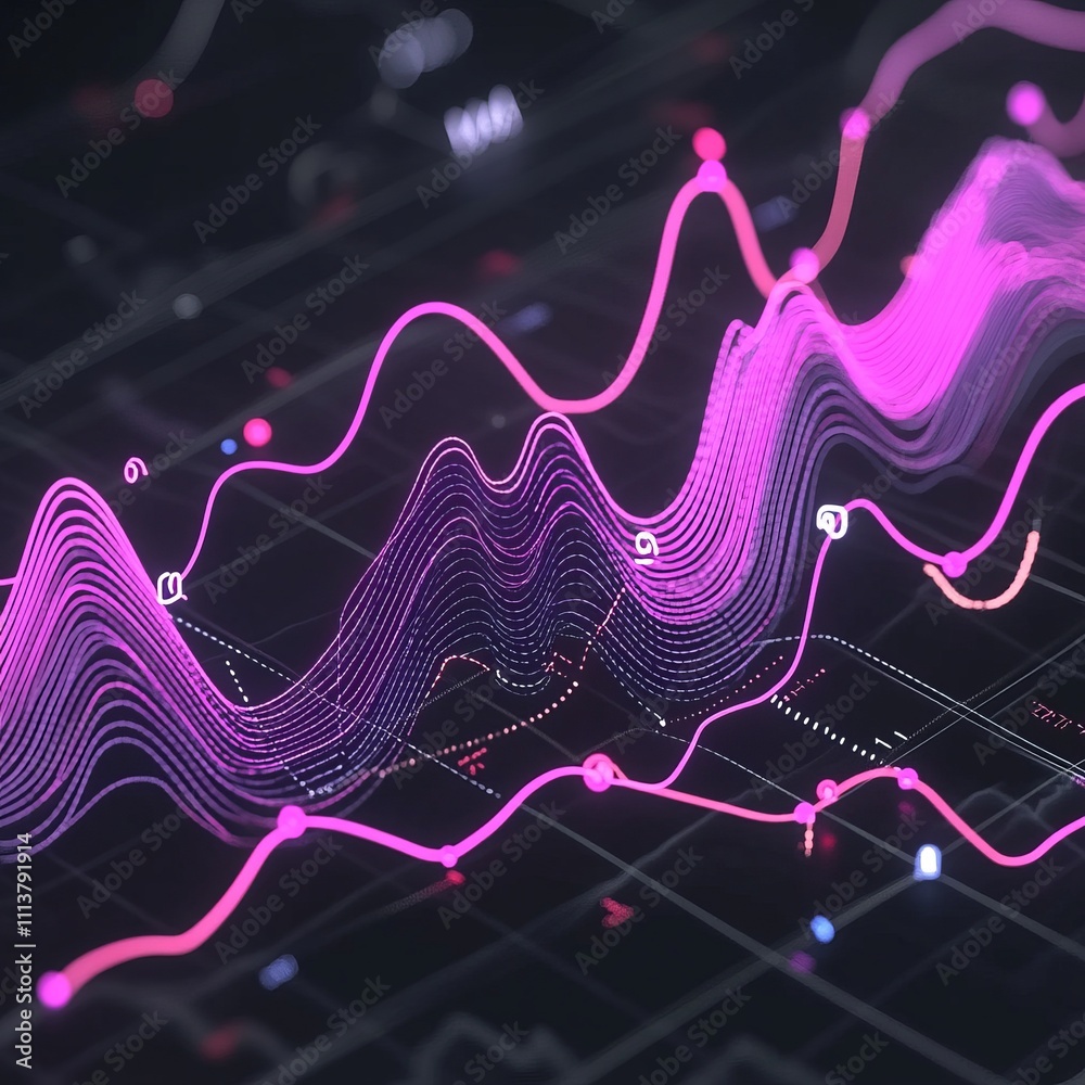 Poster abstract data visualization with glowing pink lines and nodes forming dynamic wave patterns on a dar