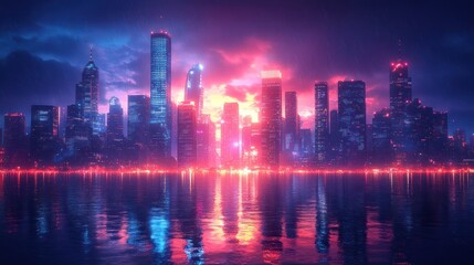 Fototapeta premium Futuristic city skyline at night, reflected in water with vibrant neon lights.