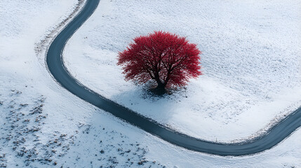 a lone red tree in the middle of a snowy field, the ebony tree stands alone on the snowfield, bathed in the faint red morning light, its dark silhouette contrasting beautifully with the winter wonder
