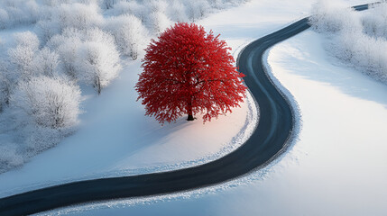a lone red tree in the middle of a snowy field, the ebony tree stands alone on the snowfield, bathed in the faint red morning light, its dark silhouette contrasting beautifully with the winter wonder
