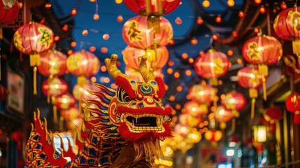 Fototapeta premium Vibrant Dragon Sculpture Surrounded by Festive Lanterns at Night