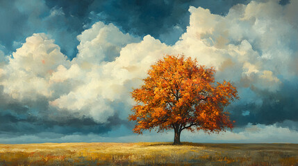 Autumn landscape with a big tree and yellow leaves, 3d rendering, colors flora autumn background, fluffy sprawling tree in field during autumn leaf fall, Autumn tree on blue sky background

