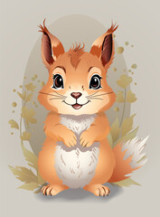 Cute squirrel with splashes of colors and floral ornamentn the light beige background
