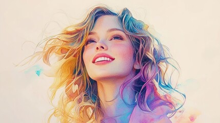 Smiling Woman Side Profile Vibrant Watercolor Portrait with Flowing Hair and Ethereal Background