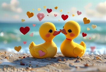 Two yellow ducks kissing on the beach with heart decoration