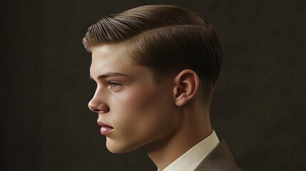 Fototapeta premium A stylish side part hairstyle, featuring sharp lines and a classic finish, set against a contemporary office backdrop, ideal for professional settings