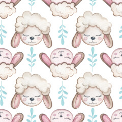 Watercolor seamless pattern with lambs.Cute sheep pattern with sheep heads.Children's textiles, clothing, packaging,design.Cute Cartoon Sheep Seamless Pattern Background,Illustration