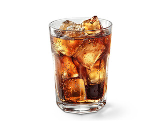 Refreshing fizzy drink served with ice cubes in a clear glass on a bright background. Generative AI